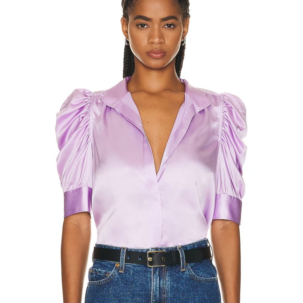 FRAME The Gillian Stretch-Silk Satin Top Lilac Size S Button Front Puff Sleeves